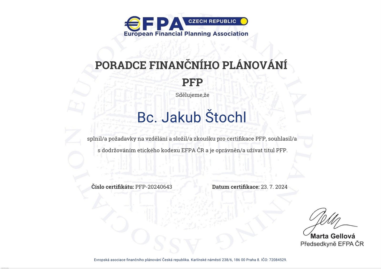 Jakub Štochl PFP - Certifikát